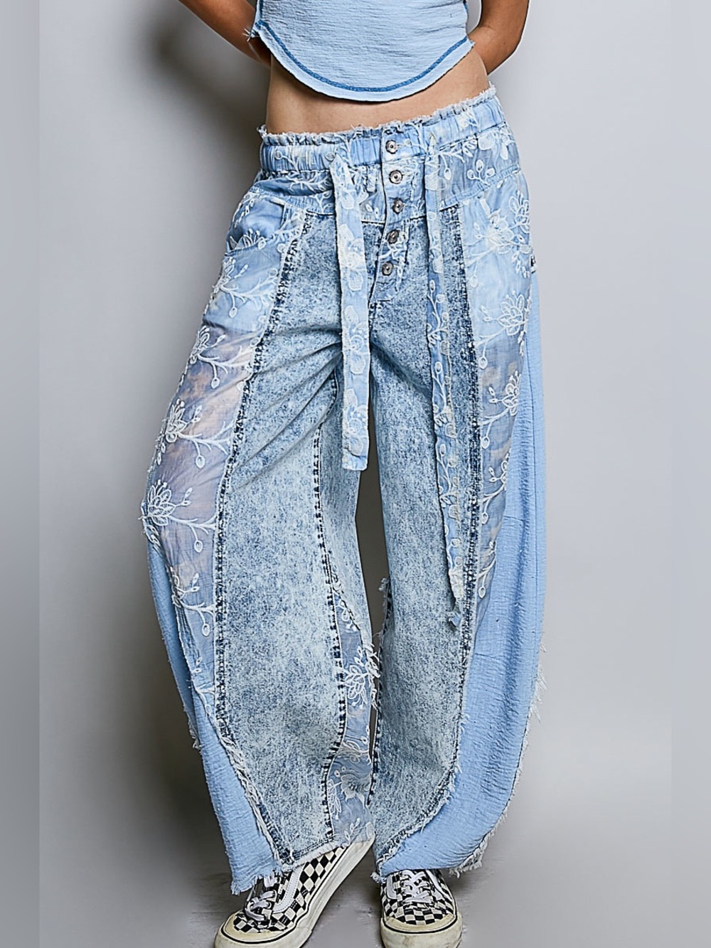 POL Light Blue Wide-Leg Embroidered Patchwork Pants. NWOT